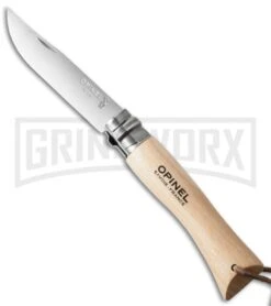 Opinel Knives No. 7 Beech Wood Folding Knife W/ Lanyard - Stainless Steel Plain
